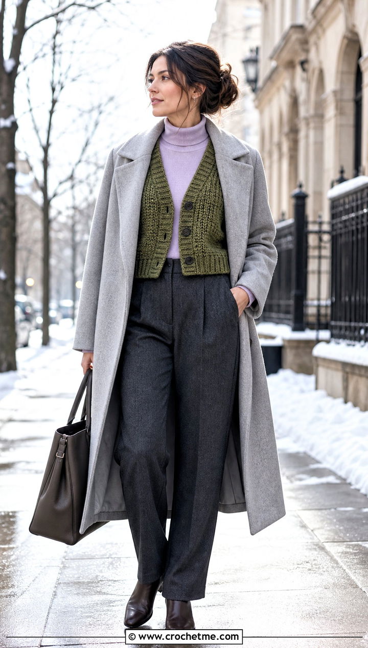 Chunky Cropped Cardigan With Turtleneck And Wool Trousers - 25 crocheted cropped cardigan outfit ideas