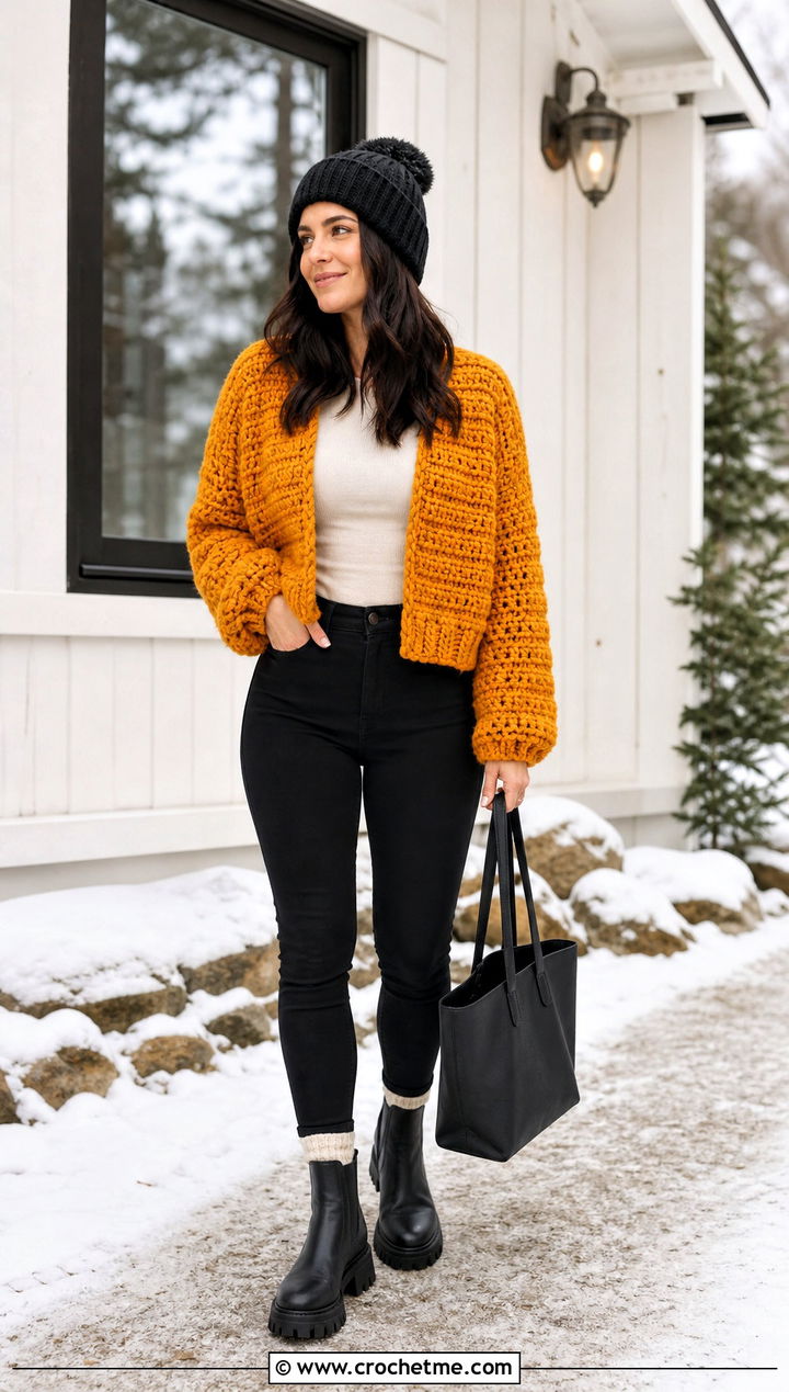 Chunky Cropped Crochet Cardigan With Leggings - 35 cropped crochet cardigan outfit ideas