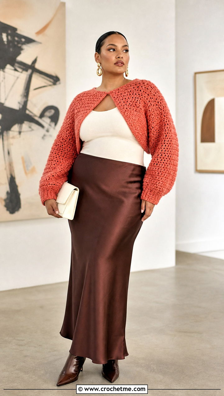 Chunky Cropped Crochet Shrug With Satin Maxi Skirt - 15 Long Sleeved Crochet Shrug outfit ideas
