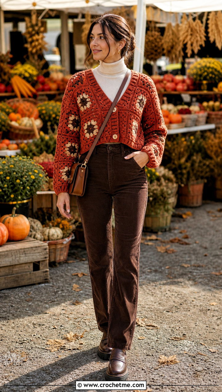 Chunky Cropped Granny Square Cardigan With Corduroy Pants - 20 Cropped Granny Square Cardigan outfit ideas