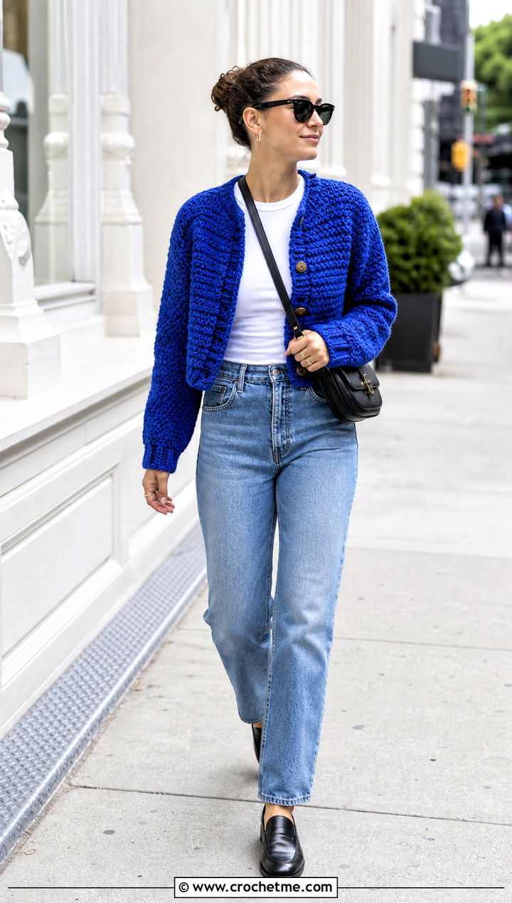 Chunky Cropped Sally Cardigan With Straight Leg Jeans - 20 Crochet Sally Cardigan outfit ideas