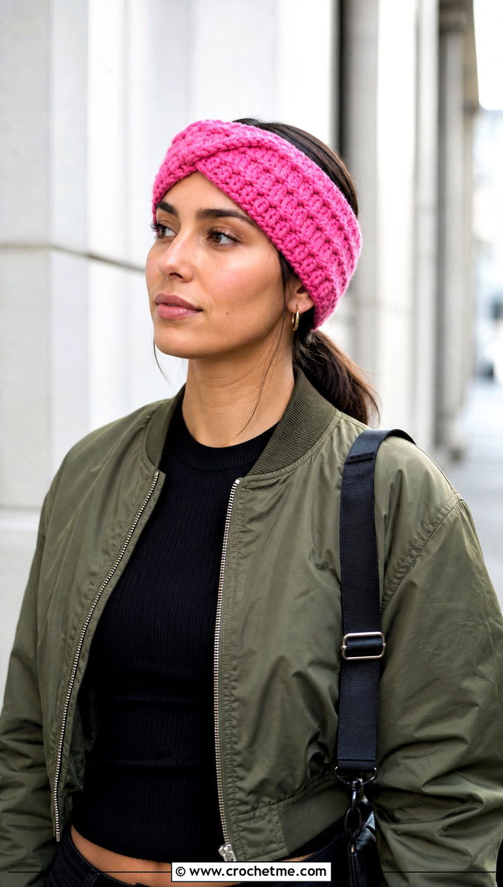 Chunky Crossover Crochet Ear Warmer With Bomber Jacket - 30 chunky yarn crochet ear warmer outfit ideas