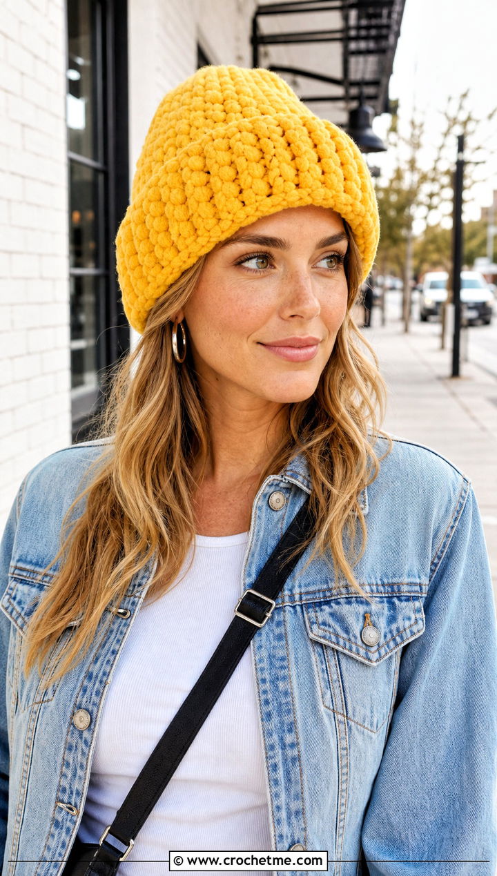 Chunky Cuffed Blanket Yarn Crochet Beanie With Denim Jacket - 15 blanket yarn crochet beanie outfit ideas