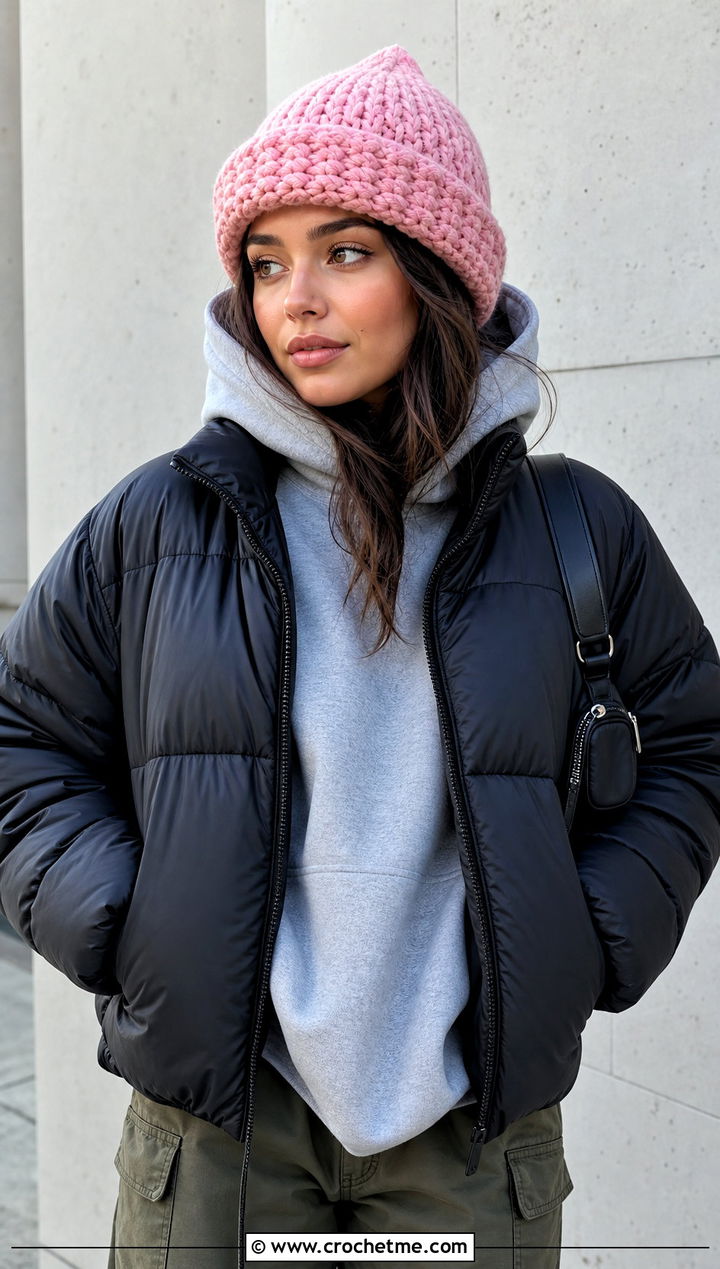 Chunky Cuffed Crochet Beanie With Hoodie And Cargo Pants - 15 Cuffed Crochet Beanie outfit ideas
