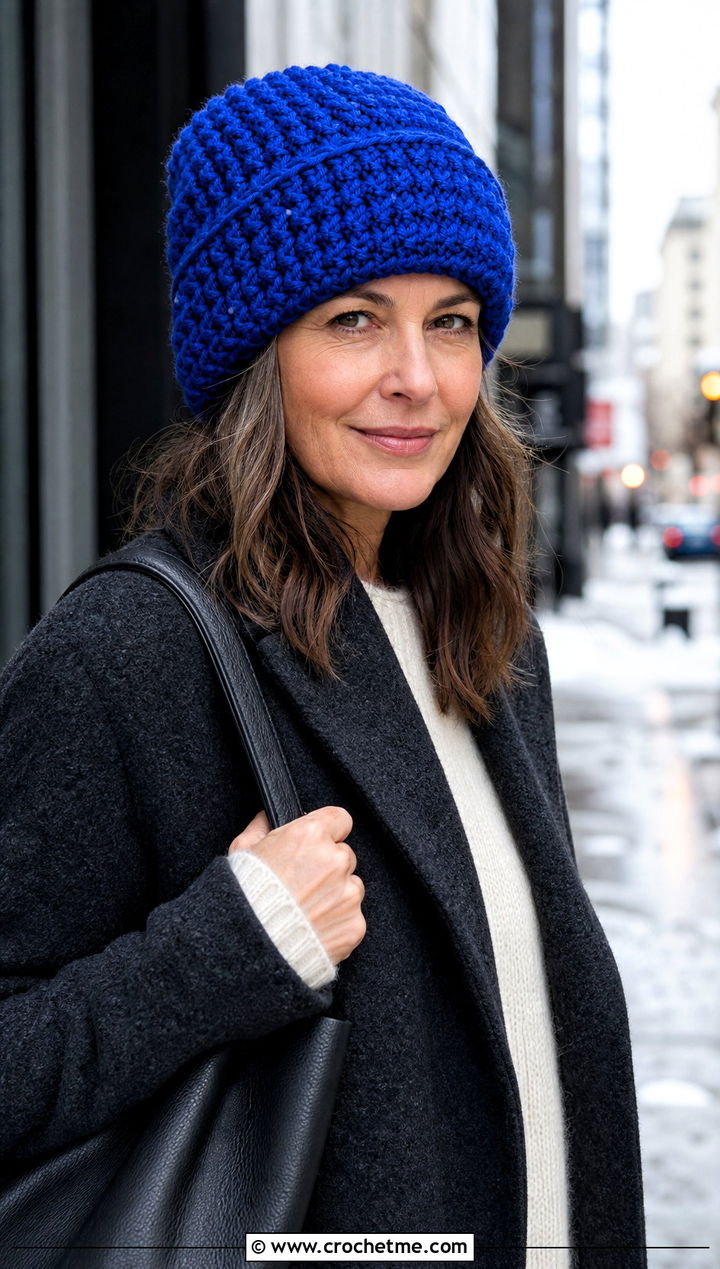 Chunky Cuffed Crochet Beanie With Wool Coat - 25 Easy Chunky Crochet Hat outfit ideas