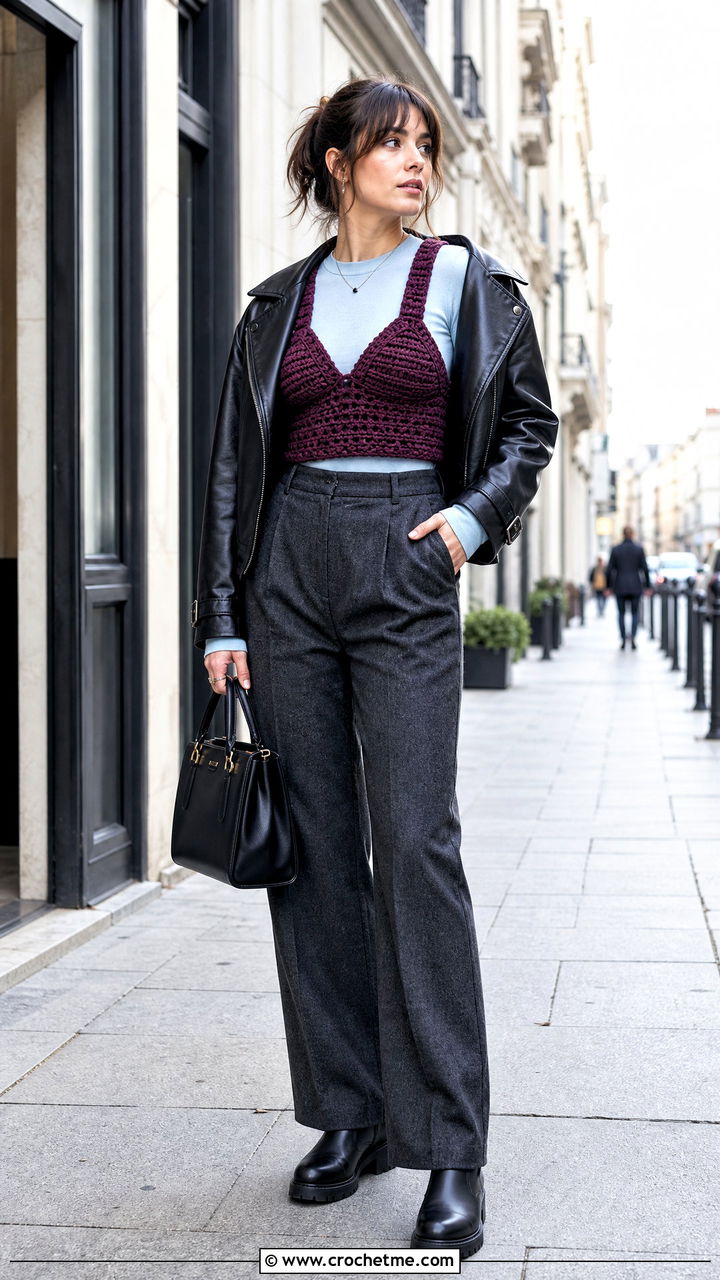Chunky Cup Crochet Top With Leather Jacket And Wool Trousers - 35 crochet cups top outfit ideas