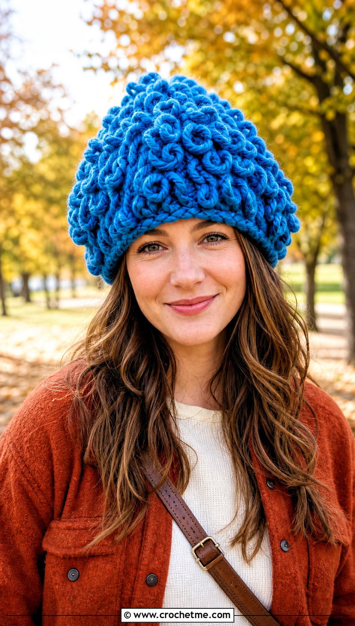 Chunky Curly Cue Beanie With Shacket - 25 Crochet Curly Cue Hat outfit ideas