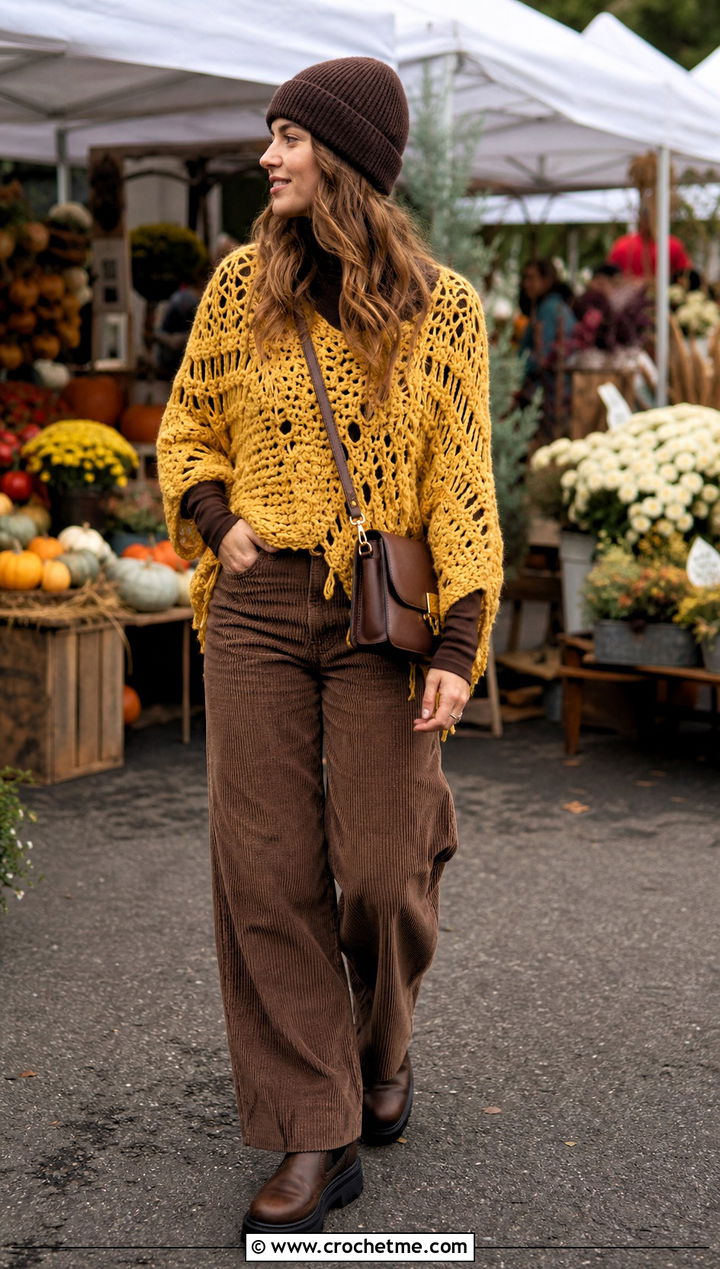 Chunky Distressed Crochet Sweater With Corduroy Pants - 35 distressed crochet sweater outfit ideas