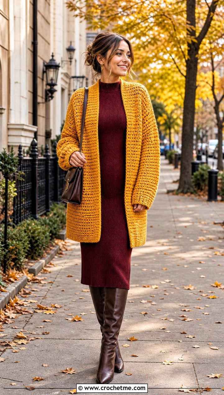 Chunky Double Crochet Cardigan With Midi Dress - 25 Double Crochet Cardigan outfit ideas