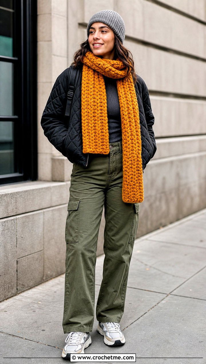 Chunky Double Crochet Scarf With Cargo Pants And Sneakers - 35 double crochet scarf outfit ideas