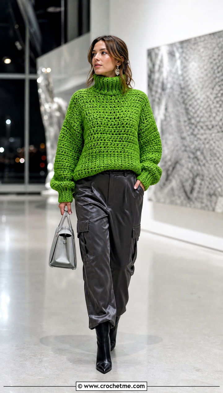 Chunky Double Crochet Sweater With Satin Cargo Pants - 35 double crochet sweater outfit ideas