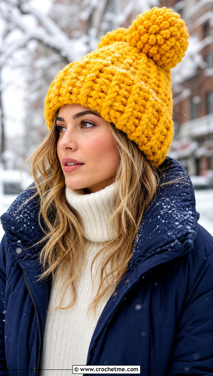 Chunky Double Pom Pom Beanie With Puffer Coat - 25 Crochet Double Pom Pom Hat outfit ideas