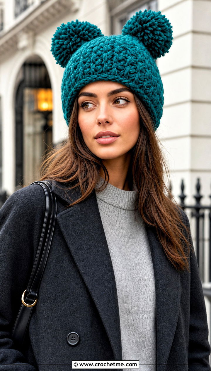 Chunky Double Pompom Crochet Hat With Wool Coat - 25 Double Pompom Crochet Hat outfit ideas