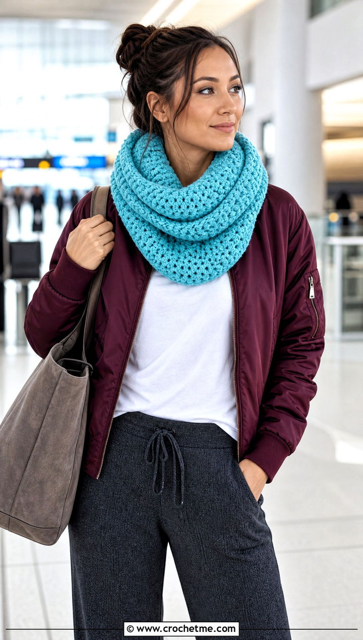 Chunky Double Wrap Crochet Cowl With Airport Outfit - 30 chunky crochet cowl outfit ideas