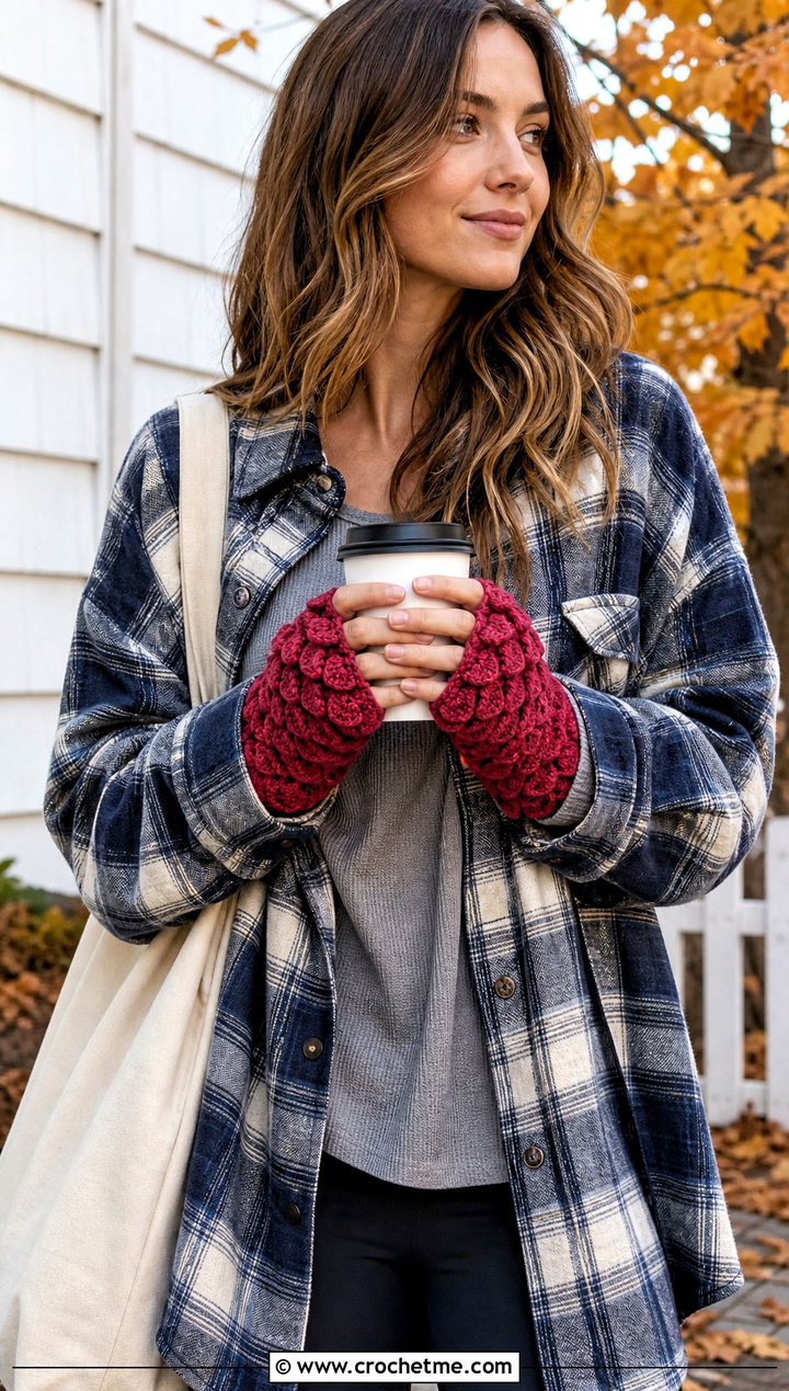Chunky Dragon Scale Wrist Warmers With Shacket - 30 dragon scale crochet gloves outfit ideas