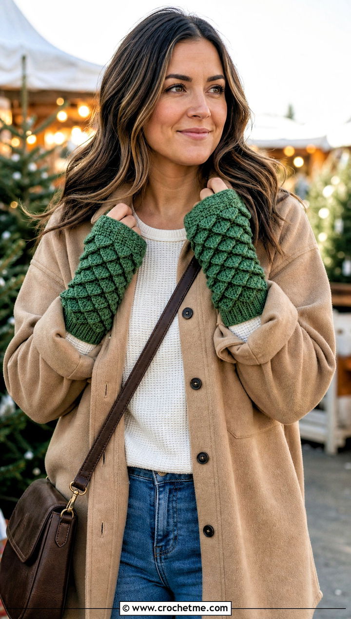 Chunky Dragonscale Wrist Warmers With Shacket and Jeans - 15 Dragonscale Crochet Gloves outfit ideas