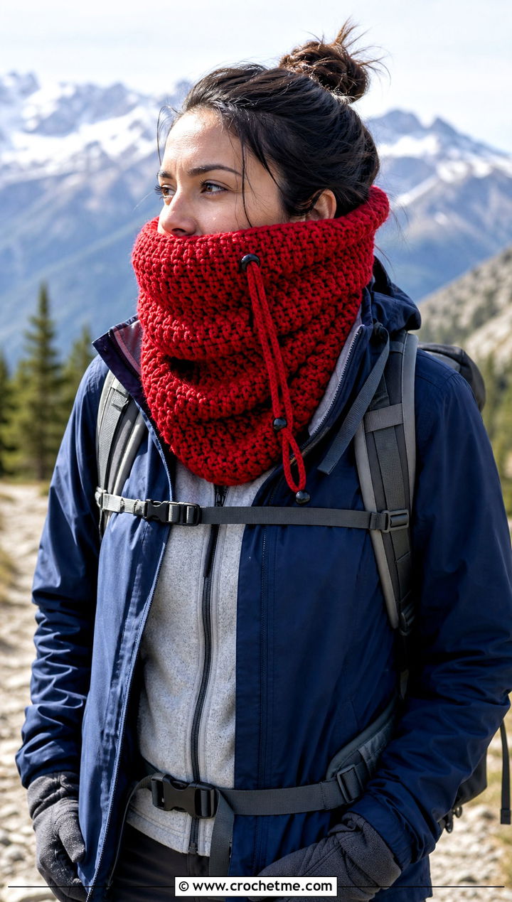 Chunky Drawstring Crochet Cowl With Hiking Layers - 30 chunky crochet cowl outfit ideas