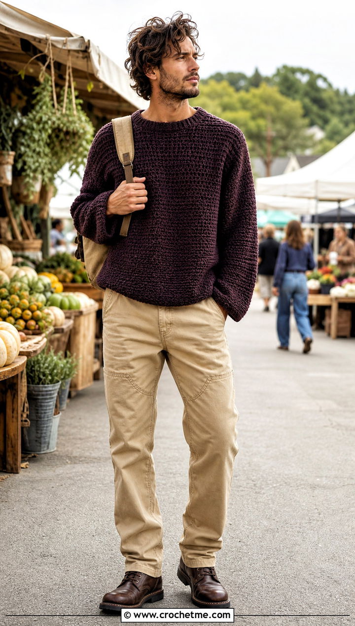 Chunky Drop Shoulder Crochet Jumper With Work Pants - 25 mens crochet jumper outfit ideas