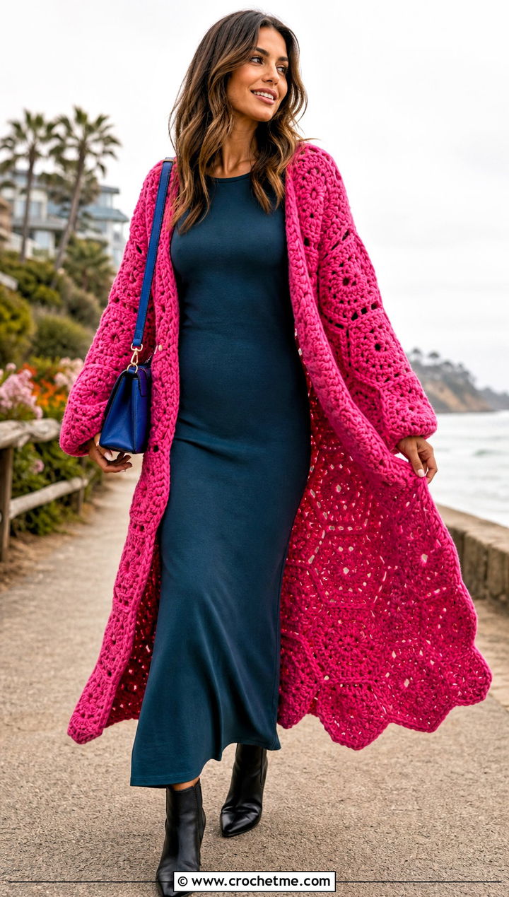 Chunky Duster Hexagon Cardigan With Maxi Dress - 30 chunky crochet hexagon cardigan outfit ideas