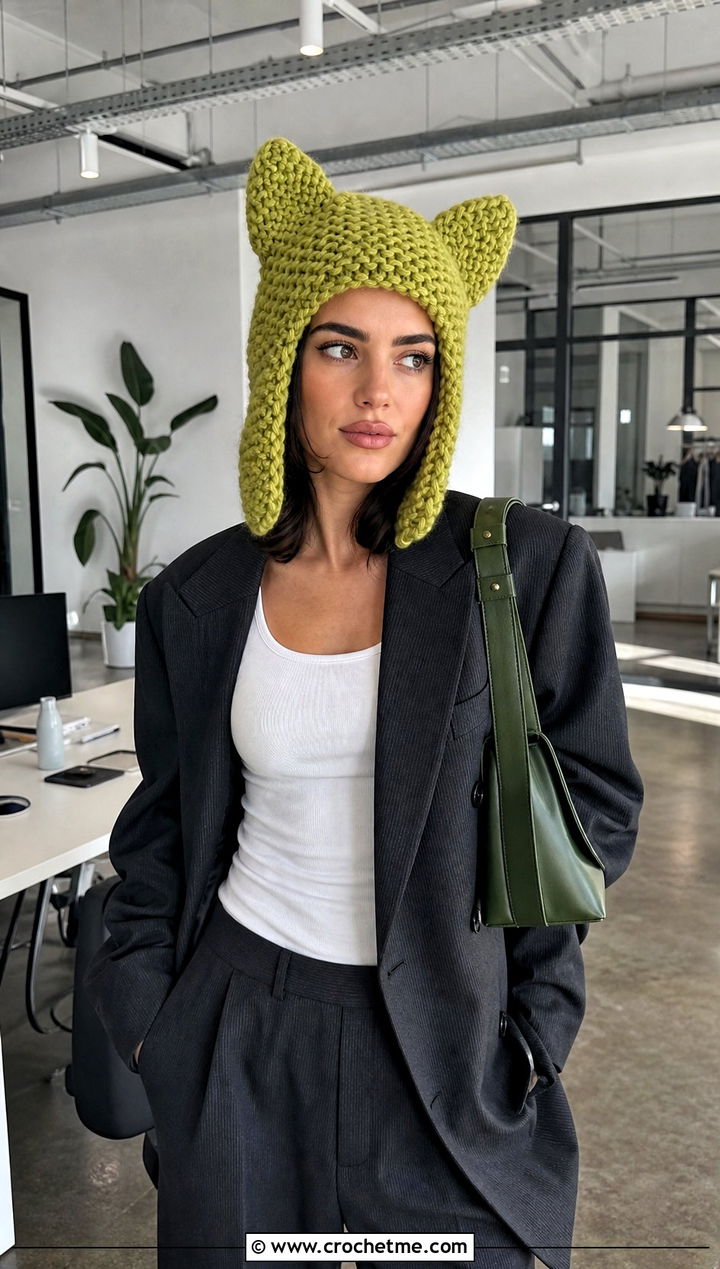 Chunky Ear Flap Finn Hat With Oversized Blazer And Trousers - 30 crochet adventure time finn hat outfit ideas