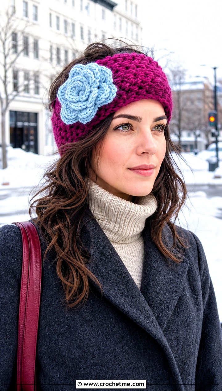 Chunky Ear Warmer Crochet Headband With Blue Flower And Wool Coat - 15 crochet headband with blue flower outfit ideas