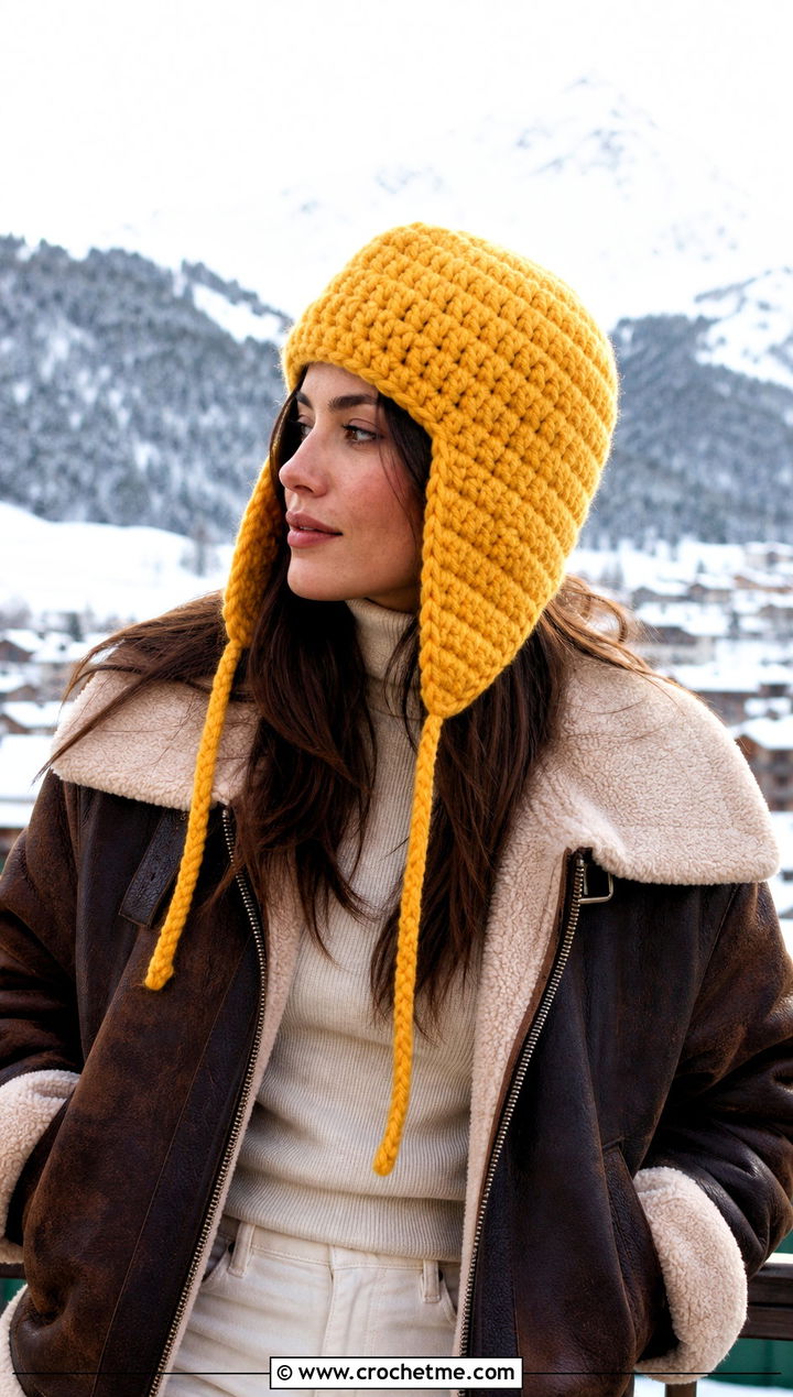 Chunky Earflap Crochet Hat With Shearling Jacket - 30 chunky yarn crochet hat outfit ideas