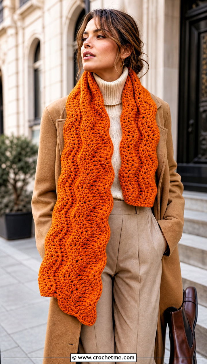 Chunky Extended Ripple Stitch Crochet Scarf With Wool Coat - 15 ripple stitch crochet scarf outfit ideas
