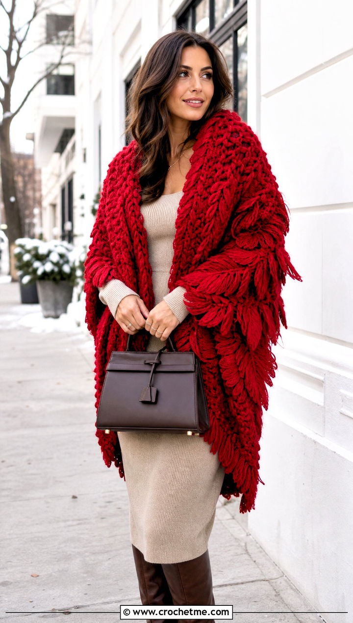 Chunky Feather Crochet Shawl With Knit Dress - 30 crochet feather shawl outfit ideas
