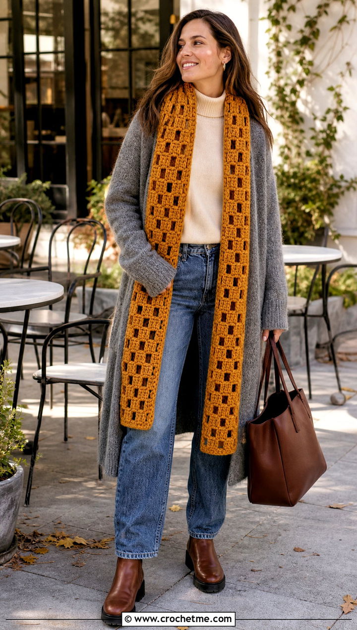 Chunky Filet Crochet Scarf With A Sweater Coat And Jeans - 35 filet crochet scarf outfit ideas