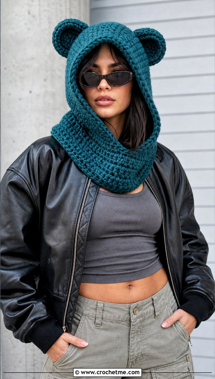 Chunky Finn Crochet Hood With Leather Bomber And Cargo Pants - 15 Adventure Time Crochet Fin Hat outfit ideas