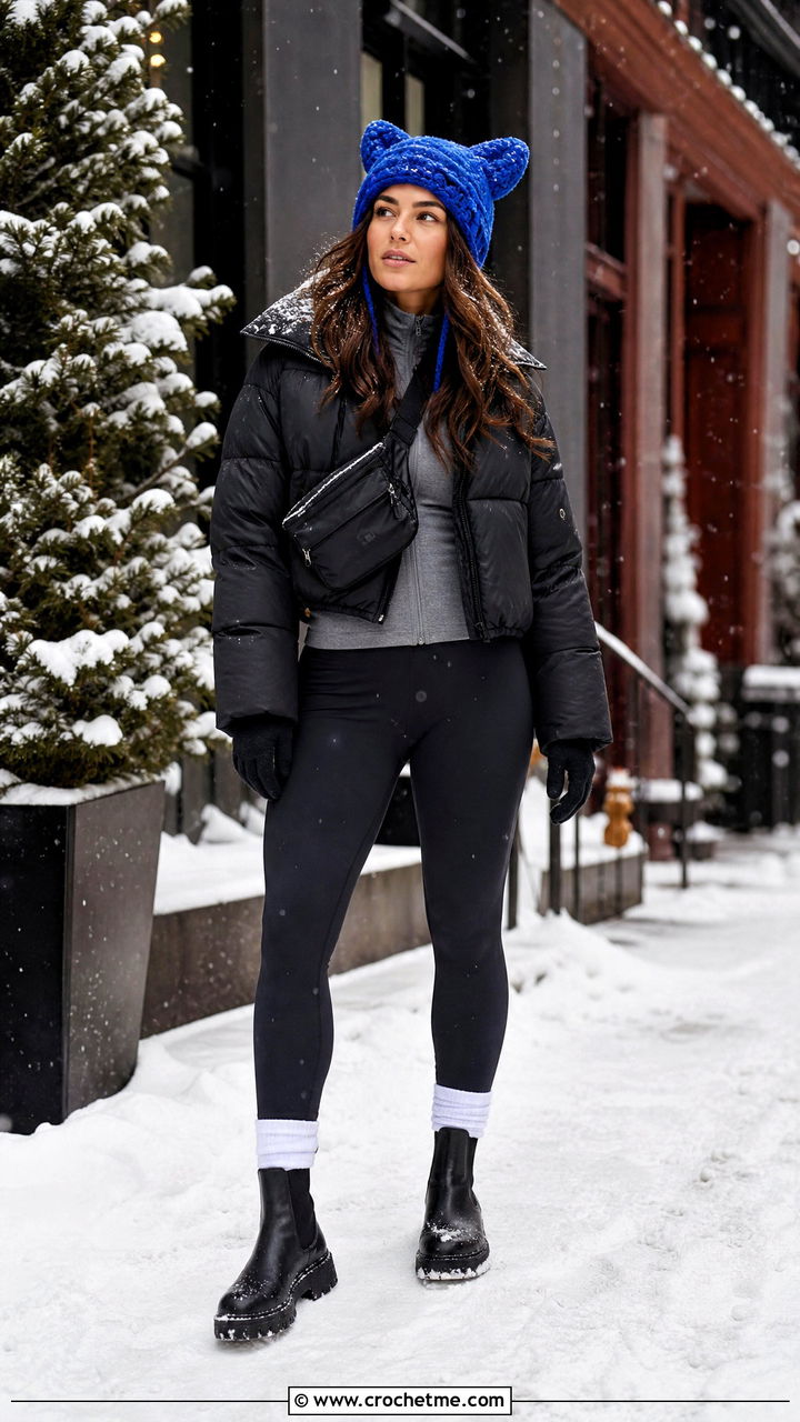 Chunky Finn Hat With Puffer Jacket And Leggings - 35 crochet finn hat outfit ideas