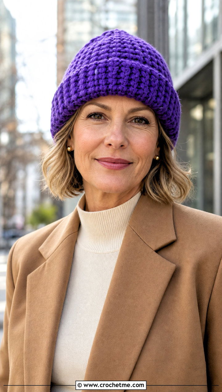 Chunky Fisherman Crochet Beanie With Blazer And Trousers - 30 chunky yarn crochet hat outfit ideas