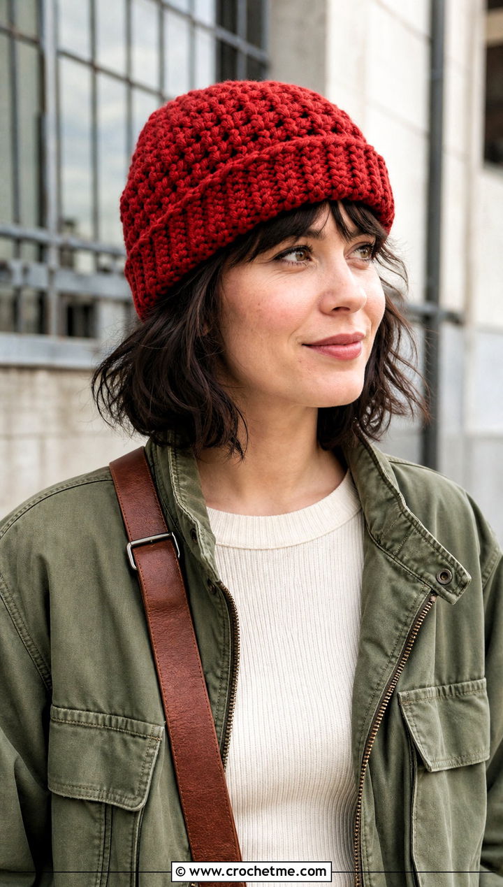 Chunky Fisherman Crochet Beanie With Utility Jacket - 25 Easy Chunky Crochet Hat outfit ideas