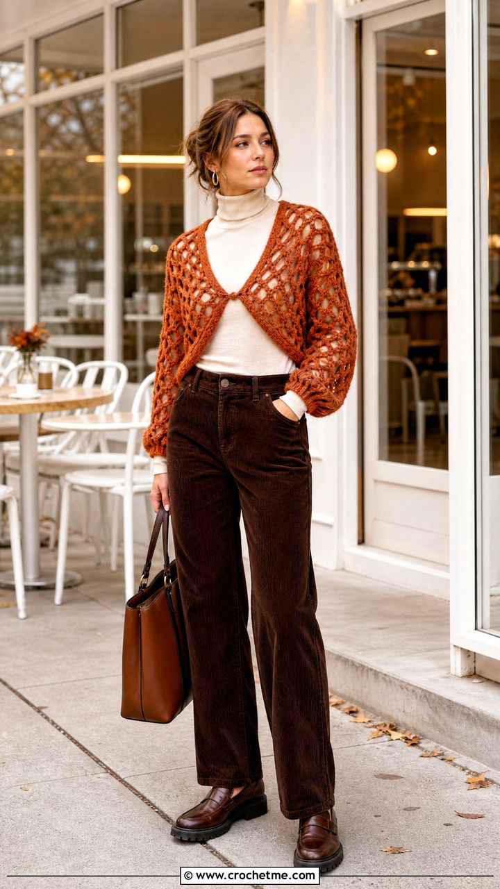 Chunky Fishnet Shrug With Turtleneck And Corduroy Pants - 35 crochet fishnet shrug outfit ideas