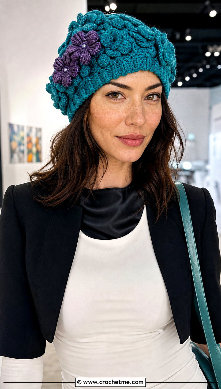 Chunky Floral Applique Crochet Hat With Slip Dress - 25 Chunky Yarn Crochet Hats outfit ideas