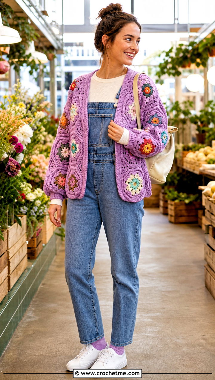 Chunky Floral Hexagon Cardigan With Denim Overalls - 30 chunky crochet hexagon cardigan outfit ideas