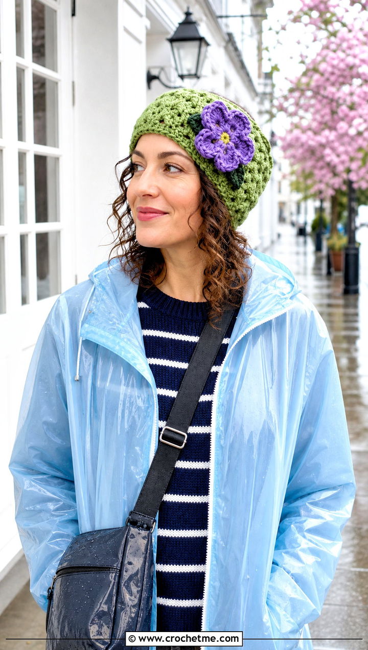 Chunky Flower Applique Crochet Ear Warmer With Raincoat - 30 chunky yarn crochet ear warmer outfit ideas