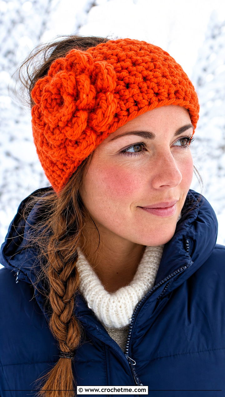 Chunky Flower Ear Warmer With Parka And Leggings - 30 crochet headband with flower outfit ideas