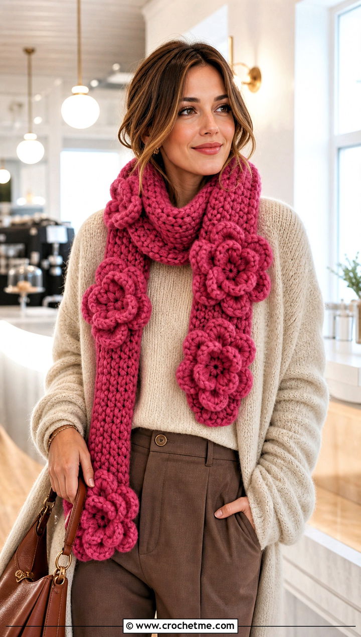 Chunky Flower Scarf With Sweater Set - 30 crochet scarf with flowers outfit ideas