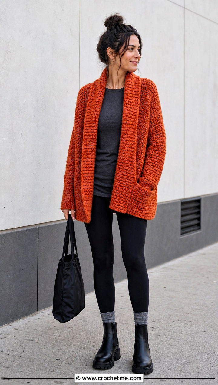 Chunky Folded Rectangle Cardigan With Leggings - 15 Crochet Rectangle Cardigan outfit ideas