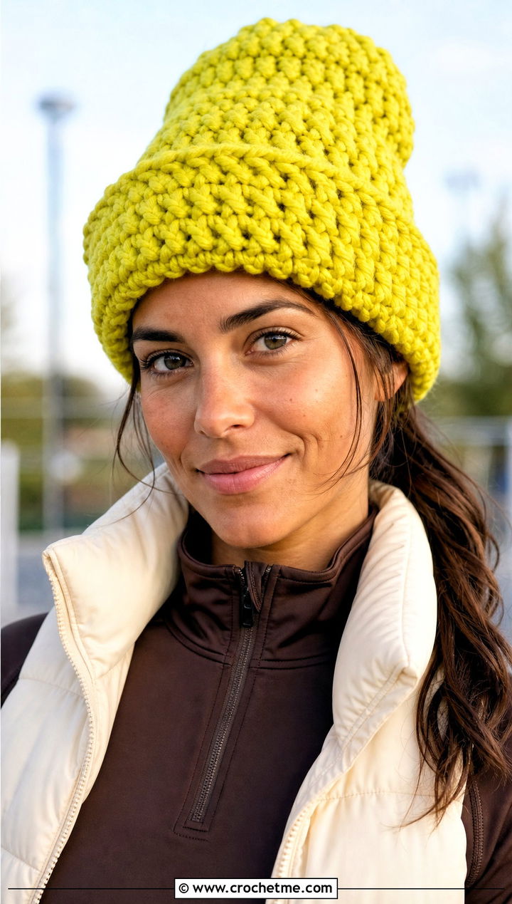 Chunky Foldover Crochet Beanie With Athleisure Set - 30 chunky yarn crochet hat outfit ideas