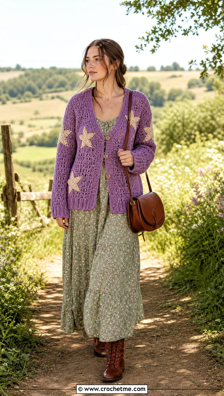 Chunky Folklore Crochet Cardigan With Floral Midi Dress - 25 Taylor Swift Folklore Crochet Cardigan outfit ideas