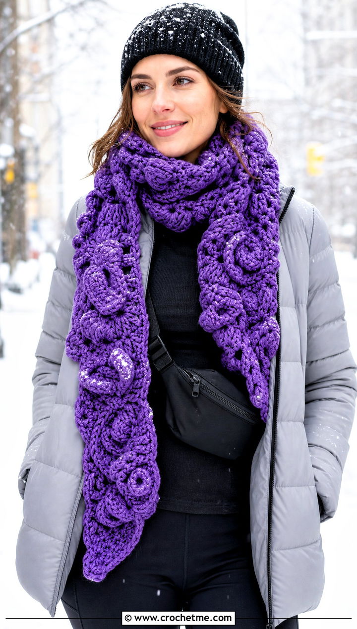Chunky Freeform Crochet Scarf With Puffer Jacket And Leggings - 25 Freeform Crochet Scarf outfit ideas
