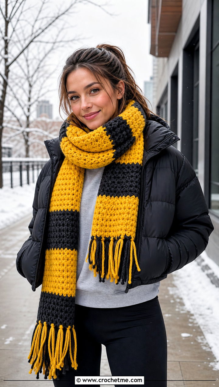 Chunky Fringe Crochet Hufflepuff Scarf With Puffer Jacket - 30 crochet hufflepuff scarf outfit ideas