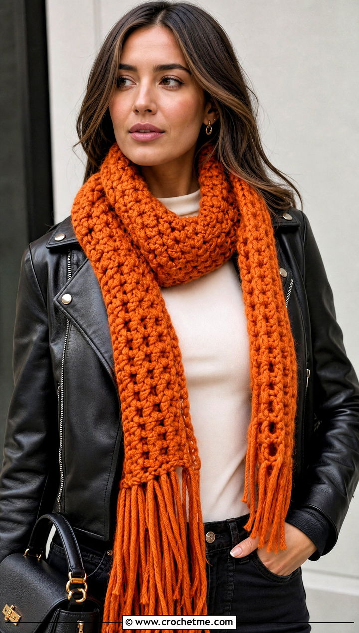 Chunky Fringe Crochet Scarf With Leather Jacket - 25 Chunky Yarn Crochet Scarf outfit ideas