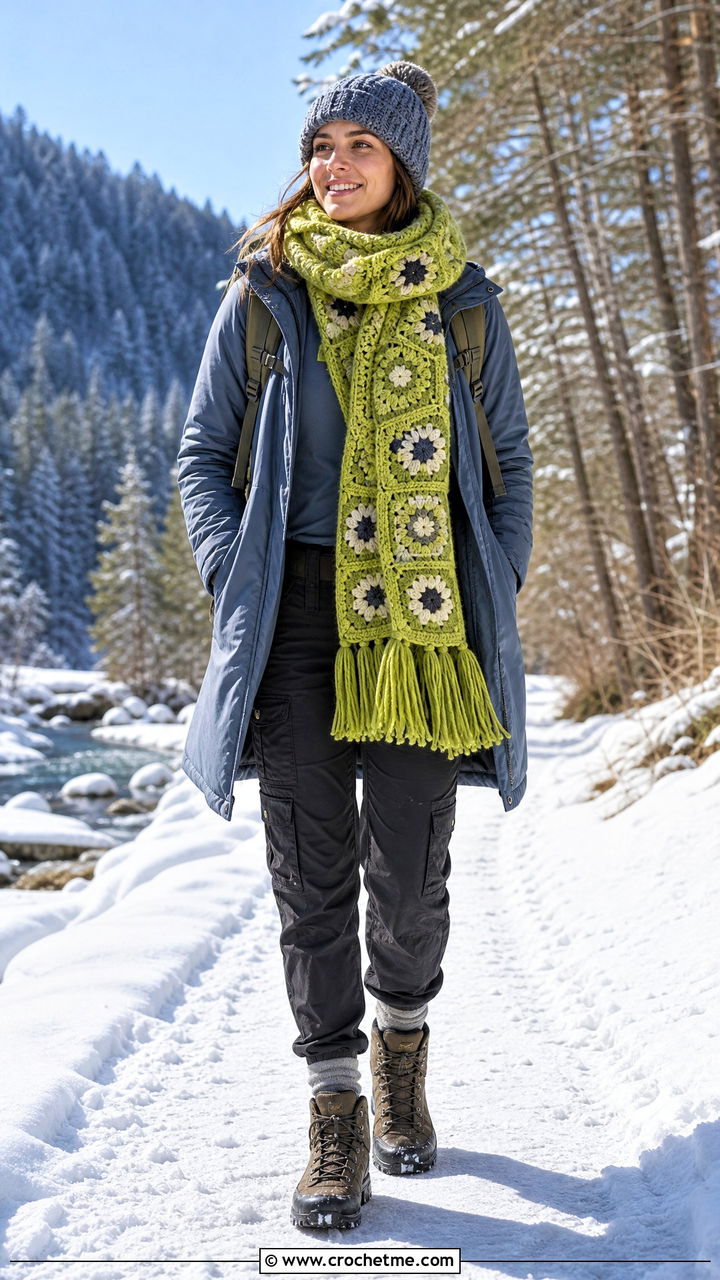 Chunky Fringe Granny Square Scarf With Parka And Hiking Boots - 35 granny square scarf outfit ideas