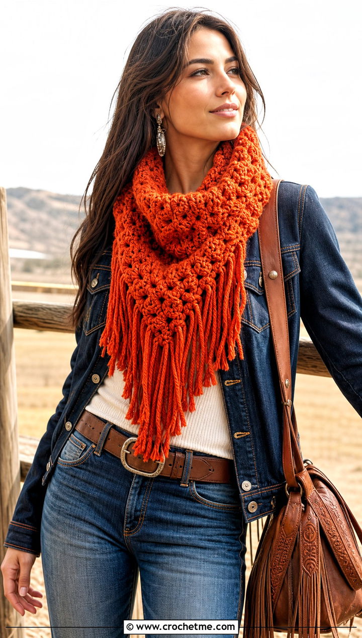 Chunky Fringed Crochet Cowl With Western Jacket - 30 chunky crochet cowl outfit ideas