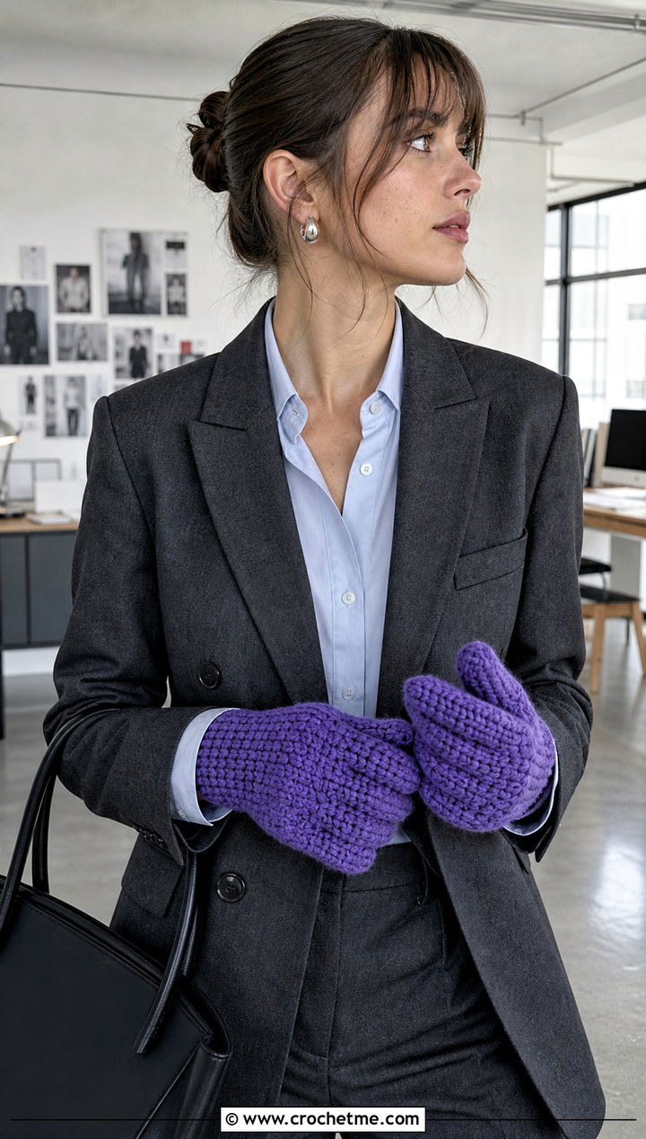 Chunky Full Finger Crochet Gloves With Blazer - 25 Chunky Crochet Gloves outfit ideas