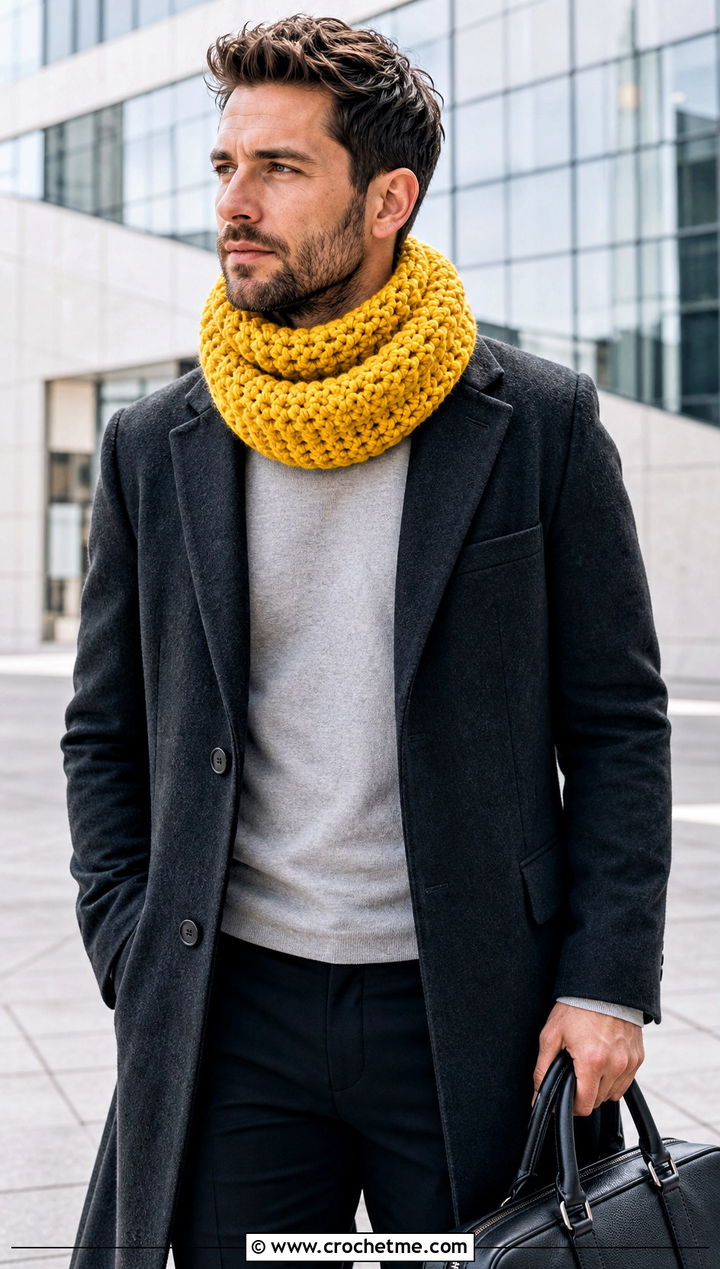 Chunky Funnel Crochet Cowl With Wool Overcoat - 25 Men Crochet Cowl outfit ideas