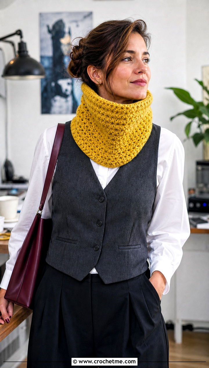 Chunky Funnel Neck Crochet Cowl With Tailored Vest - 30 chunky crochet cowl outfit ideas